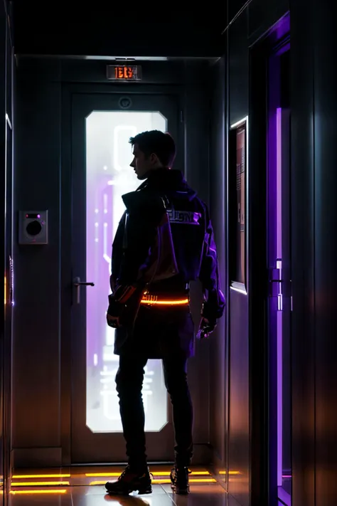 silhouette of a man, turning around, bright lighting, looking at viewer, cyberpunk, streetwear , (orange lighting  AND purple lighting:1.3), elevator, <lora:bladerunnerv2-1:0.7>