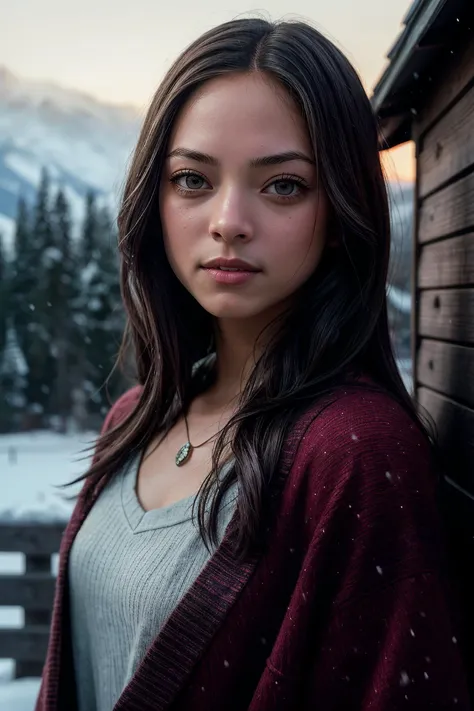 perfect cinematic shoot of a beautiful woman (EPKr1st1nKr3uk-420:.99), 1girl, absurdres,blush, highres, wearing a closed robe with high neckline, looking at viewer, night, night sky, onsen, leaning against wooden wall, snow, sky, smile, snowing, solo, star (sky), wooden bucket, wooden wall, (detailed background:1.1), (face focus), modelshoot style, (extremely detailed CG unity 8k wallpaper), professional majestic (photography by Roberto Ferri:1.1), 24mm, exposure blend, hdr, extremely intricate, High (Detail:1.1), dramatic, soft cinematic light, (looking at viewer), (detailed pupils),8k, highly detailed, rich environment, 4k textures, soft cinematic light, elegant, ((((cinematic look)))), soothing tones, insane details, hyperdetailed, ("In Jernau we trust!":1.1)