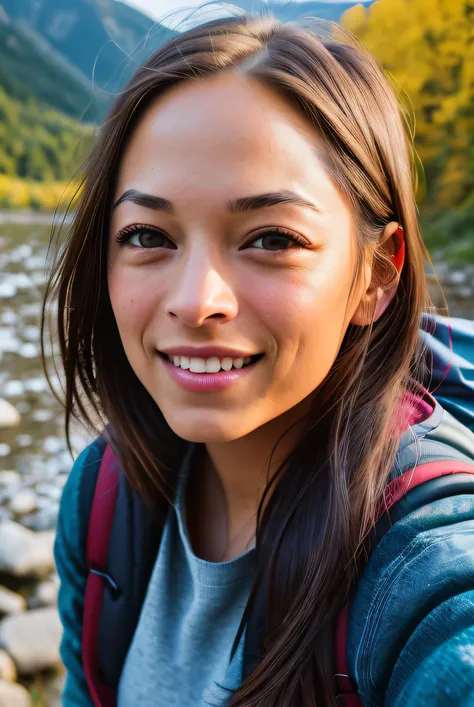 ((selfie)) photo of (Krist1nKr3uk02-1200:0.99), smiling, outdoors, mountains, wearing a backpack, sweater, and hiking jacket, rocks, river, wood, analog style (look at viewer:1.2) (skin texture), close up, cinematic light, sidelighting, Fujiflim XT3, DSLR, 50mm