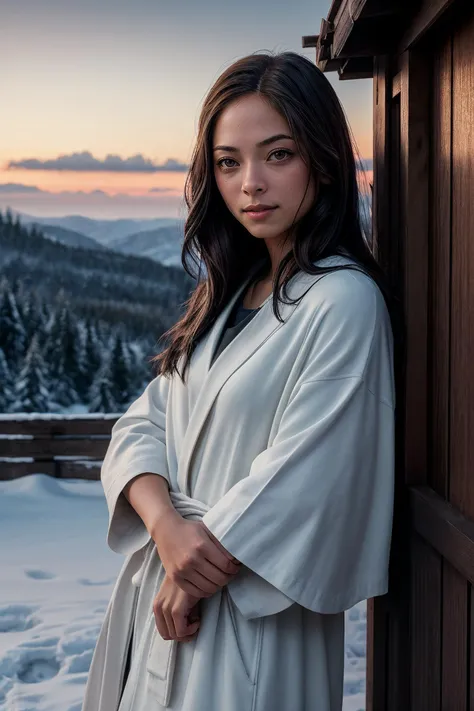 perfect cinematic shoot of a beautiful woman (EPKr1st1nKr3uk-420:.99), 1girl, absurdres,blush, highres, wearing a closed robe with high neckline, looking at viewer, night, night sky, onsen, leaning against wooden wall, snow, sky, smile, snowing, solo, star (sky), wooden bucket, wooden wall, (detailed background:1.1), (face focus), modelshoot style, (extremely detailed CG unity 8k wallpaper), professional majestic (photography by Roberto Ferri:1.1), 24mm, exposure blend, hdr, extremely intricate, High (Detail:1.1), dramatic, soft cinematic light, (looking at viewer), (detailed pupils),8k, highly detailed, rich environment, 4k textures, soft cinematic light, elegant, ((((cinematic look)))), soothing tones, insane details, hyperdetailed, ("In Jernau we trust!":1.1)