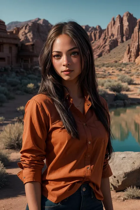 perfect cinematic shoot of a beautiful woman (EPKr1st1nKr3uk-420:.99), a woman standing at a High desert mesa, perfect high ponytail, wearing sexy orange (shirt), (leave covered hot spring in background:1.2), (detailed background:1.1), (face focus), modelshoot style, (extremely detailed CG unity 8k wallpaper), professional majestic (photography by Roberto Ferri:1.1), 24mm, exposure blend, hdr, extremely intricate, High (Detail:1.1), dramatic, soft cinematic light, (looking at viewer), (detailed pupils),8k, highly detailed, rich environment, 4k textures, soft cinematic light, elegant, ((((cinematic look)))), soothing tones, insane details, hyperdetailed, ("In Jernau we trust!":1.1)