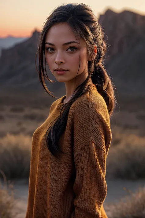 perfect cinematic shoot of a beautiful woman (EPKr1st1nKr3uk-420:.99), a woman standing at a High desert mesa, perfect high ponytail, wearing sexy orange (sweater), (midnight sun phenomenon in background:1.2), (detailed background:1.1), (face focus), modelshoot style, (extremely detailed CG unity 8k wallpaper), professional majestic (photography by Roberto Ferri:1.1), 24mm, exposure blend, hdr, extremely intricate, High (Detail:1.1), dramatic, soft cinematic light, (looking at viewer), (detailed pupils),8k, highly detailed, rich environment, 4k textures, soft cinematic light, elegant, ((((cinematic look)))), soothing tones, insane details, hyperdetailed, ("In Jernau we trust!":1.1)