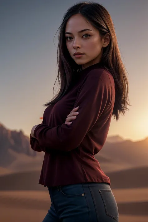 perfect cinematic shoot of a beautiful woman (EPKr1st1nKr3uk-420:.99), a woman standing at a Desert oasis, perfect high ponytail, wearing sexy burgundy (top), (midnight sun phenomenon in background:1.2), (detailed background:1.1), (face focus), modelshoot style, (extremely detailed CG unity 8k wallpaper), professional majestic (photography by Roberto Ferri:1.1), 24mm, exposure blend, hdr, extremely intricate, High (Detail:1.1), dramatic, soft cinematic light, (looking at viewer), (detailed pupils),8k, highly detailed, rich environment, 4k textures, soft cinematic light, elegant, ((((cinematic look)))), soothing tones, insane details, hyperdetailed, ("In Jernau we trust!":1.1)