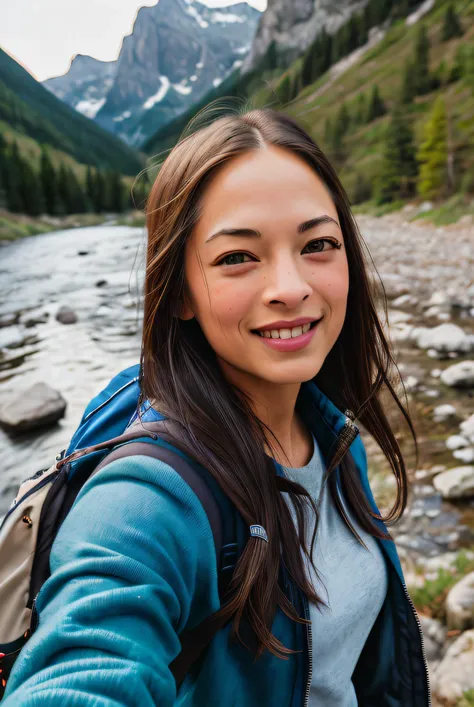 ((selfie)) photo of (Krist1nKr3uk02-1200:0.99), smiling, outdoors, mountains, wearing a backpack, sweater, and hiking jacket, rocks, river, wood, analog style (look at viewer:1.2) (skin texture), close up, cinematic light, sidelighting, Fujiflim XT3, DSLR, 50mm