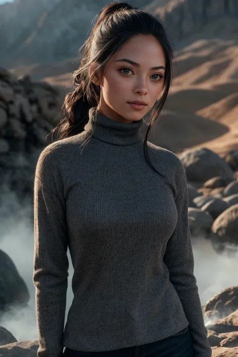 perfect cinematic shoot of a beautiful woman (EPKr1st1nKr3uk-420:.99), a woman standing at a High desert mesa, perfect high ponytail, wearing sexy gray (turtleneck), (leave covered hot spring in background:1.2), (detailed background:1.1), (face focus), modelshoot style, (extremely detailed CG unity 8k wallpaper), professional majestic (photography by Roberto Ferri:1.1), 24mm, exposure blend, hdr, extremely intricate, High (Detail:1.1), dramatic, soft cinematic light, (looking at viewer), (detailed pupils),8k, highly detailed, rich environment, 4k textures, soft cinematic light, elegant, ((((cinematic look)))), soothing tones, insane details, hyperdetailed, ("In Jernau we trust!":1.1)