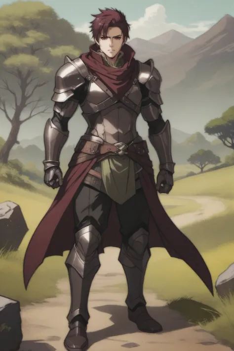 anime style digital painting, (full body:1.2), 1boy, man, bishounen, solo, [:formal costume design,:0.2] warlock, darkolivegreen (shiny iron plate gauntlets,armor,greaves:1), caucasian, dark maroon hair, (muscular:1) build, Montane Grasslands<lora:EnvyStarlightHyakkaRyoranStyle02:1>