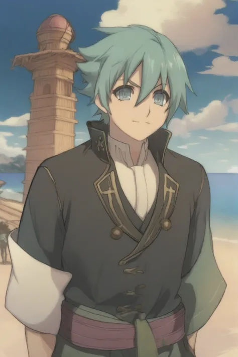 anime style digital painting, (full body:1.2), 1boy, man, bishounen, solo, [:outlandish costume design,:0.2] pirate, caucasian, lightgreen hair, (solid:1.2) build, noon, blue sky, clouds, scenery, "at the Polished Sublime Symposium"<lora:EnvyStarlightHyakkaRyouranStyle01:1>