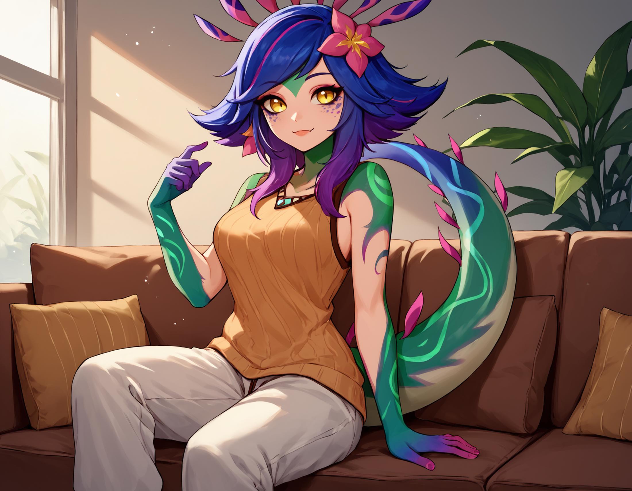 Anime girl sitting on a couch with a flower in her hair - SeaArt AI