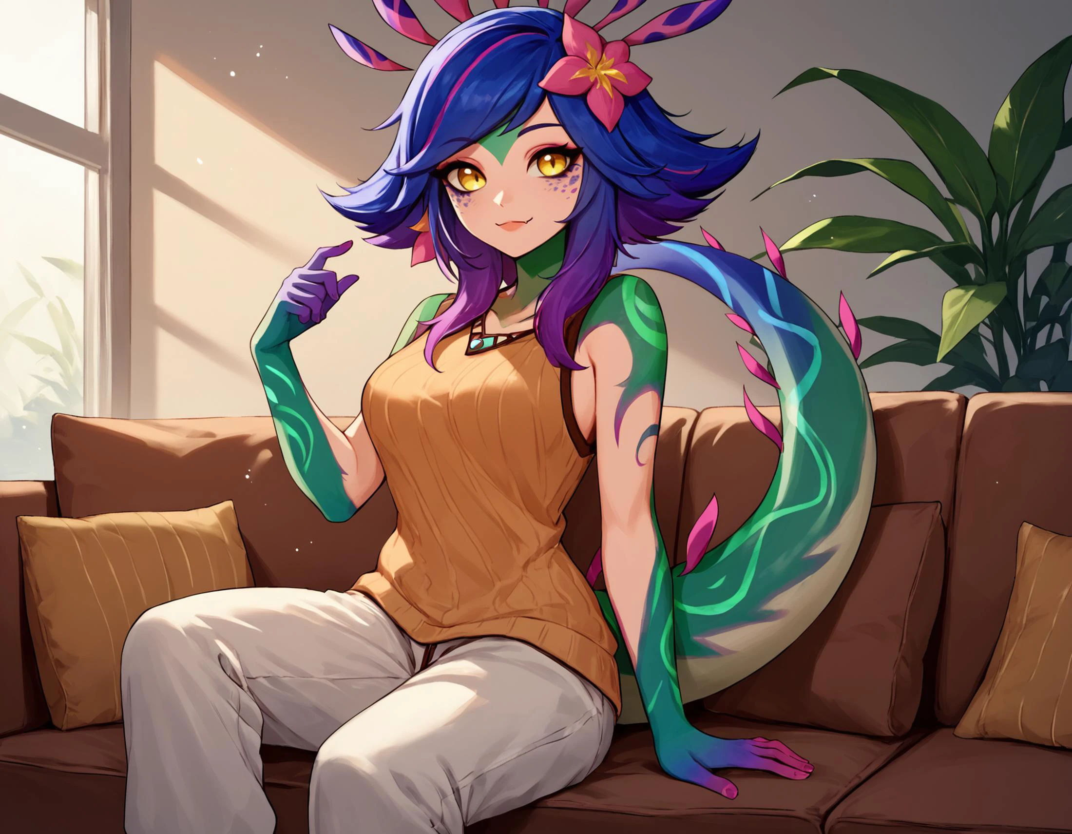 score_9, score_8_up, score_7_up, <lora:EPllNeeko:0.8> EPllNeeko, medium hair, multicolored hair, pink hair, purple hair, blue hair, yellow eyes, tail, hair flower, bangs, fang, animal print, medium breasts, colored skin, fingernails, sitting on couch, smiling, looking at viewer, sweater, baggy pants, sleeveless,