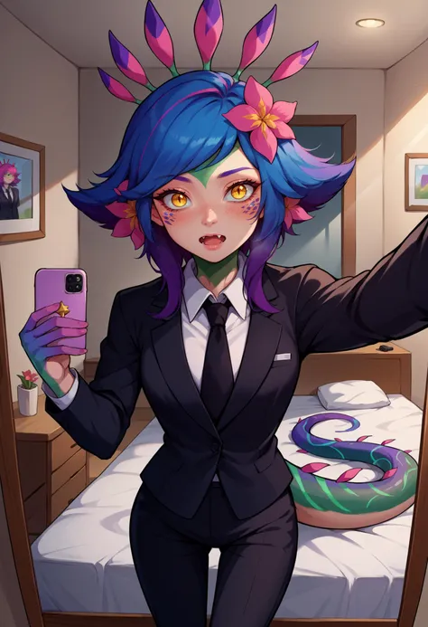 core_9, score_8_up,score_7_up, source_anime, 1girl, solo, <lora:EPllNeeko_epoch_8:1>, EPllNeeko, medium hair, multicolored hair, pink hair, purple hair, blue hair, yellow eyes, tail, hair flower, bangs, fang, open mouth, blush, monster girl, business suit, black pants, white collared shirt, black suit, black jacket, black necktie, selfie, taking picture, mirror selfie, bedroom, bed, mirror,