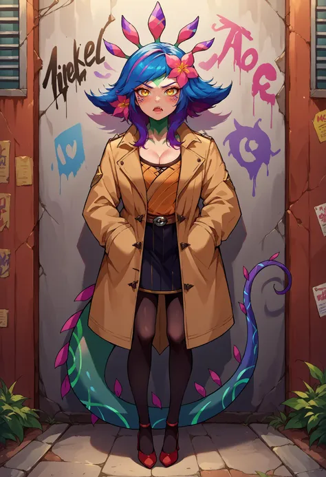 core_9, score_8_up,score_7_up, source_anime, 1girl, solo, <lora:EPllNeeko_epoch_8:1>, EPllNeeko, medium hair, multicolored hair, pink hair, purple hair, blue hair, yellow eyes, tail, hair flower, bangs, fang, open mouth, blush, monster girl, PONYXL_GraffitiWall_ownwaifu, looking at viewer, standing, graffiti, against wall, hands in pockets, serious, drop shadow, <lora:PONYXL_GraffitiWall_ownwaifu:0.75> , depth of field , coat, trenchcoat, black pantyhose, high heels, red footwear, cleavage