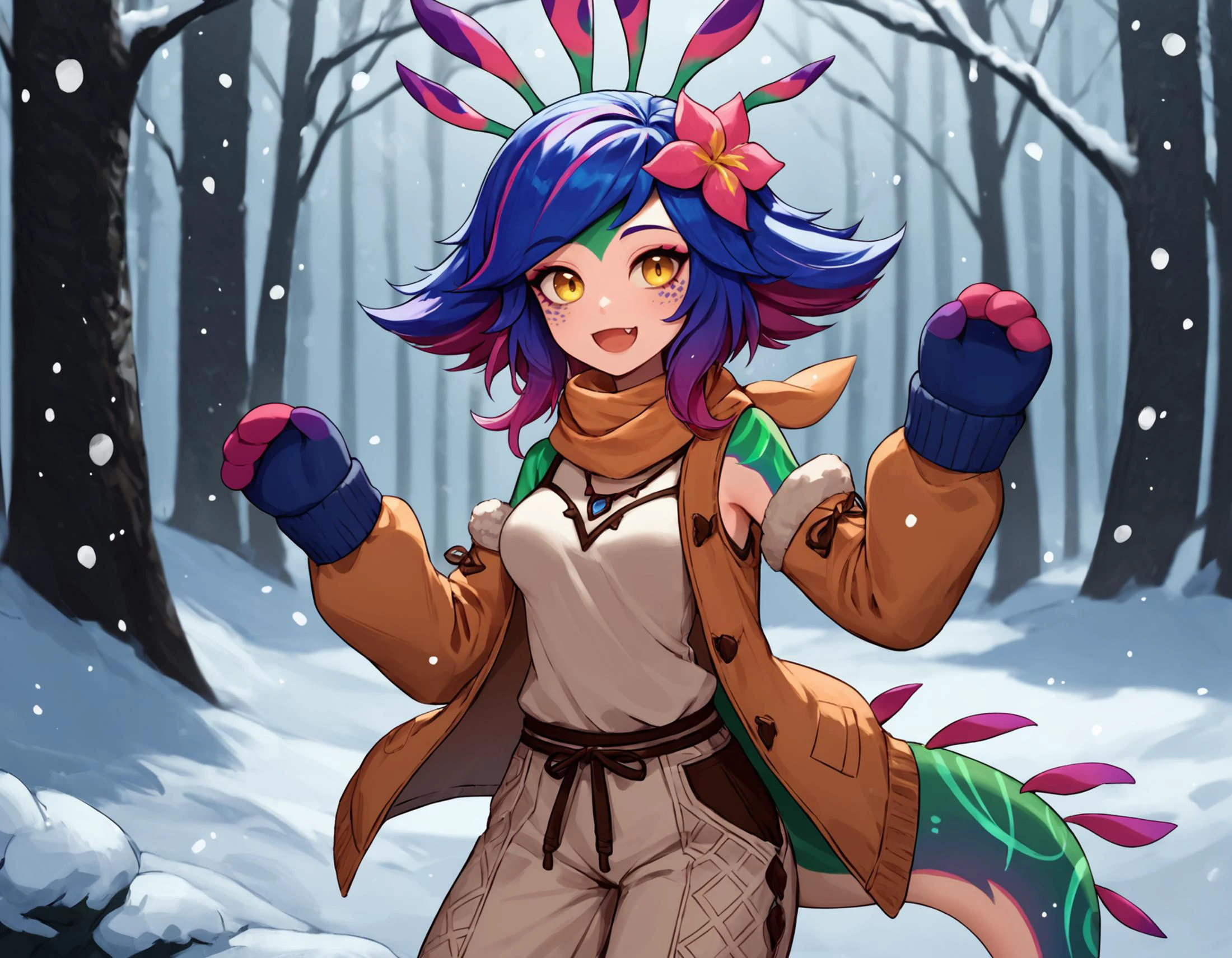 score_9, score_8_up, score_7_up, <lora:EPllNeeko:0.5> EPllNeeko, medium hair, multicolored hair, pink hair, red hair, blue hair, yellow eyes, tail, hair flower, bangs, fang, animal print, medium breasts, colored skin, smiling, looking at viewer, puffy jacket, detached sleeves, mittens, scarf, baggy pants, snowing, outside, in forest, mouth open, headpat,