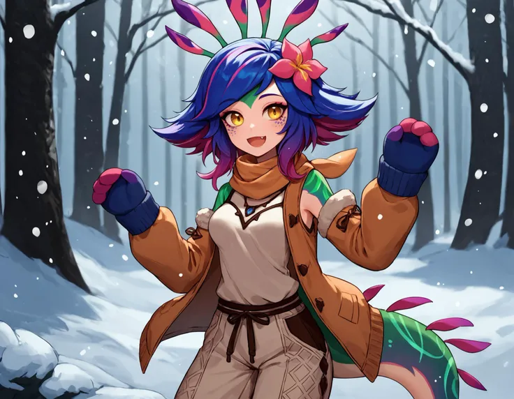 score_9, score_8_up, score_7_up,  <lora:EPllNeeko:0.5> EPllNeeko, medium hair, multicolored hair, pink hair, red hair, blue hair, yellow eyes, tail, hair flower, bangs, fang, animal print, medium breasts, colored skin, smiling, looking at viewer, puffy jacket, detached sleeves, mittens, scarf, baggy pants, snowing, outside, in forest, mouth open, headpat,