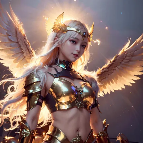 1girl,( looking_at_viewers, upper body portrait), smile, blonde, valkyrie, golden full armor,  underboob, winged helmet,  wings,flying in sky,glowing feathers,holy light,vivid feather,shoulder armor,complex,intricate, perfect lighting, jewelry, 
cinematic lighting, white wings,flying in sky,glowing feathers,holy light
masterpiece, high quality, highres, photorealistic 

<lora:epiNoiseoffset_v2:1>  <lora:theovercomer8sContrastFix_sd15:0.3> <lora:angelicWairrorsValkyrie_v1:0.9>  <lora:Korean-doll-likeness:0.5>