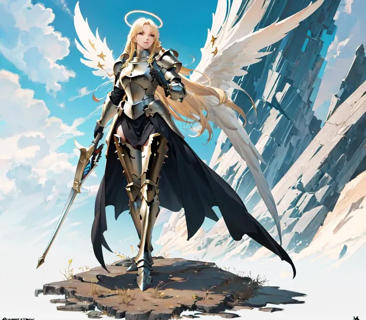 angel, blonde hair, long hair, armor, (detailed armor:1.3), highres, (holy), giant wings, ((Masterpiece)), ((best quality)), ((Super Detail)), highest detailed, beautiful light detail,(detailed background:1.3), (full body:1.3), (halo:1.2), holding weapon, sharp face, outdoors, full armor,paladin, knight, complex,