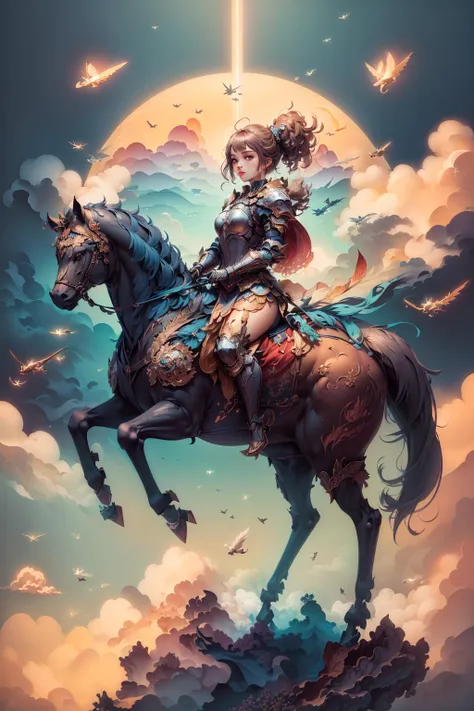 (((masterpiece))),bestquality,illustration,beautifuldetailedglow,(riding cerapter),
paper_cut, <lora:KK_paperCut_v1:0.6>,1girl,solo, full body,colorful, <lora:AngelicWarriors_v1:0.6>, beautiful face,knight,knight armor,holding weapon, (flying in the sky:1.5),cloud, rainbow background,