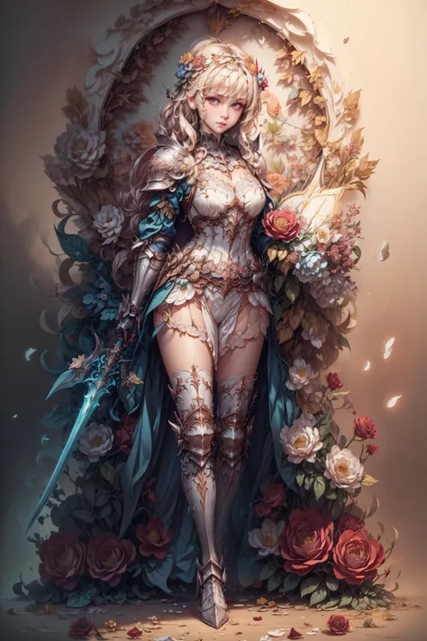 (((masterpiece))),bestquality,illustration,beautifuldetailedglow,
paper_cut, <lora:KK_paperCut_v1:0.6>,1girl,solo, full body,colorful, <lora:AngelicWarriors_v1:0.6>, <lora:detailed_eye-10:0.6>, beautiful face, <lora:add_detail:1>,paladin,paladin armor,Rosebud,rosaceous,(rose), rose petals, simple background, bloomers, (flower wall),shield, holding weapon,