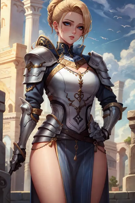 (masterpiece:1.2), (best quality:1.2), perfect eyes, perfect face, perfect lighting, 1girl, mature female, medium blonde hair, pompadour cut, blue eyes, long sleeves, skirt, valkyrie armor, sky, detailed background, thick eyelashes, makeup <lora:angelicWairrors_v1:1>