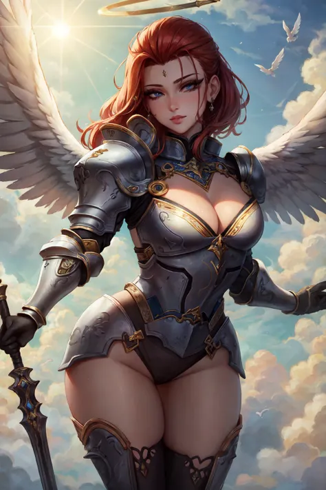 (masterpiece:1.2), (best quality:1.2), perfect eyes, perfect face, perfect lighting, 1girl, mature female angel flying in the sky holding a spear, wings, medium red hair, pompadour cut, blue eyes, halo, long sleeves, knight armor, cleavage, sun glare, detailed background, thick eyelashes, makeup <lora:angelicWairrors_v1:1>