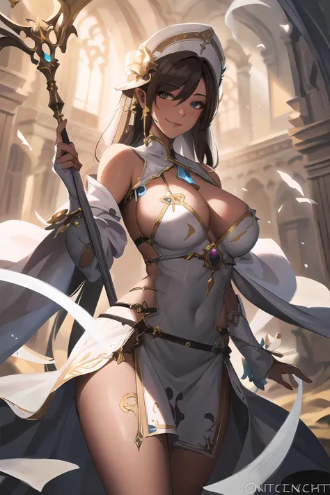 (priestess:1), (cowprint),complex, perfect lighting, 1girl, looking at viewer, smile, snulight,bight,glowing(masterpiece), (best quality)<lora:AngelicWarriors_v1:0.9>