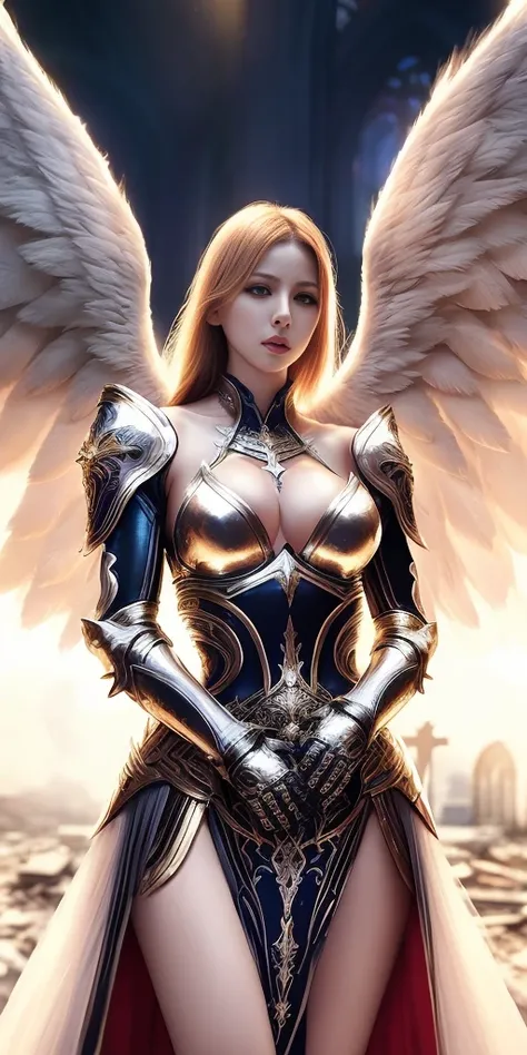 realistic, photo shoot ,(valkyrie,paladin:0.6)beautiful design, shiny,((masterpiece, best quality)),big breast,, slim body,angel wings,complex,,korean<lora:Taiwan01:0.6> ,(high quality background is inside night empty ruin church) ,(high details) ,cinematic lighting <lora:angelicWairrors_v1:0.9>