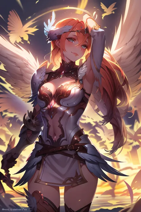 valkyrie,winged helmet,feather,shoulder armor,complex,intricate, perfect lighting, 1girl, looking at viewer, smile, snulight,bight,glowing(masterpiece), (best quality)<lora:AngelicWarriors_v1:0.9>