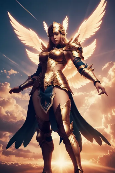 1girl valkyrie, golden full armor, skirt, winged helmet, wings, flying in sky, glowin ,shoulder armor, jewelry, cinematic lighting,
(masterpiece), (best quality),thighs, (photorealistic) , bokeh, 35mm films, film grains, 1970s film, backlight, holy light,
<lora:AngelicWarriors_v1:0.7>