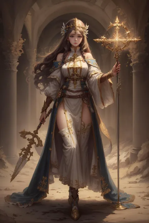 ((best quality)), ((masterpiece)), (detailed),1girl,solo,full body , <lora:AngelicWarriors_v1:0.7>,priestess,priestess clothes,holy light