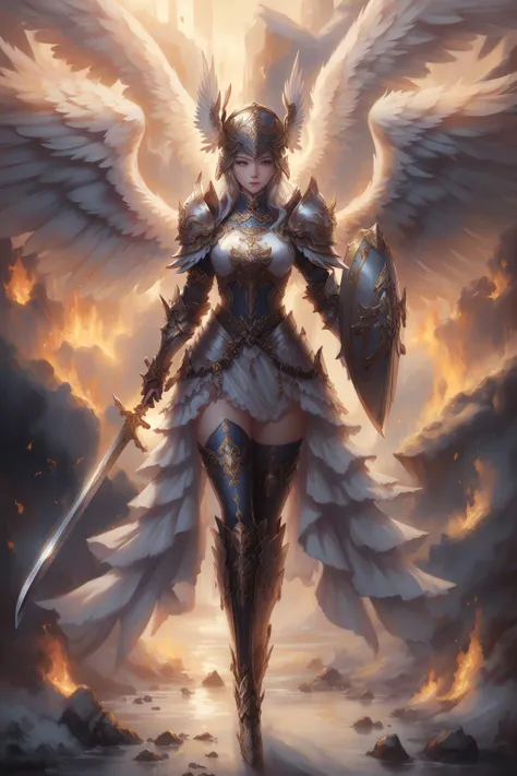 ((best quality)), ((masterpiece)), (detailed),1girl,solo,full body , <lora:AngelicWarriors_v1:0.7>,valkyrie,angel,valkyrie armor,angel wings,winged helmet, <lora:nvwushen-000006:0.4>, woman,gaodanvshen, <lora:UnlimitedBladeWorksv0.2:0.6>,[Sword:fire:0.3] and [Shield:ice:0.3],Sword and Shield