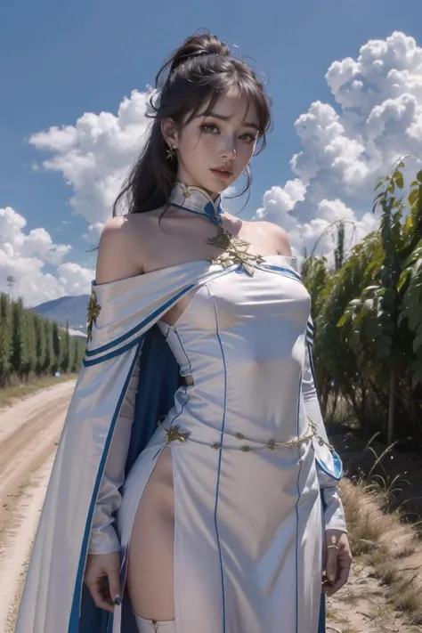 8K raw photo, Best quality, masterpiece, ultra high res,((((young woman wearing a priestess outfit doing a Over-the-shoulder Pose in a war field, multiple women watching in the background)))),((( small breasts ))), chestnut high ponytail hair,<lora:saggingBreasts_v10:0.6>,<lora:AngelicWarriors_v1:1>