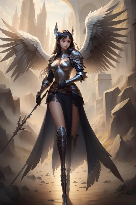 ((best quality)), ((masterpiece)), (detailed),1girl,solo,full body , <lora:AngelicWarriors_v1:0.7>,valkyrie, angel, dark valkyrie armor, black angel wings, dark armor, black hair