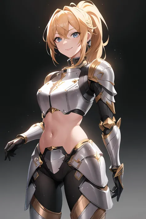 paladin,sci-fi,mecha musume,(golden:1.2), exoskeleton,breasplate,crop top,complex,intricate, perfect lighting, 1girl, ponytail, looking at viewer, smile, snulight,simple background,bight,glowing(masterpiece), (best quality)<lora:AngelicWarriors_v1:0.7>