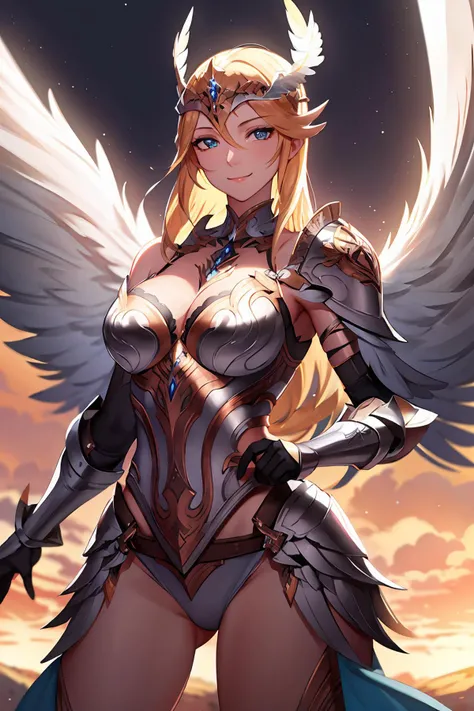 valkyrie,winged helmet,feather,shoulder armor,complex,intricate, perfect lighting, 1girl, looking at viewer, smile, snulight,bight,glowing(masterpiece), (best quality)<lora:AngelicWarriors_v1:0.9>
