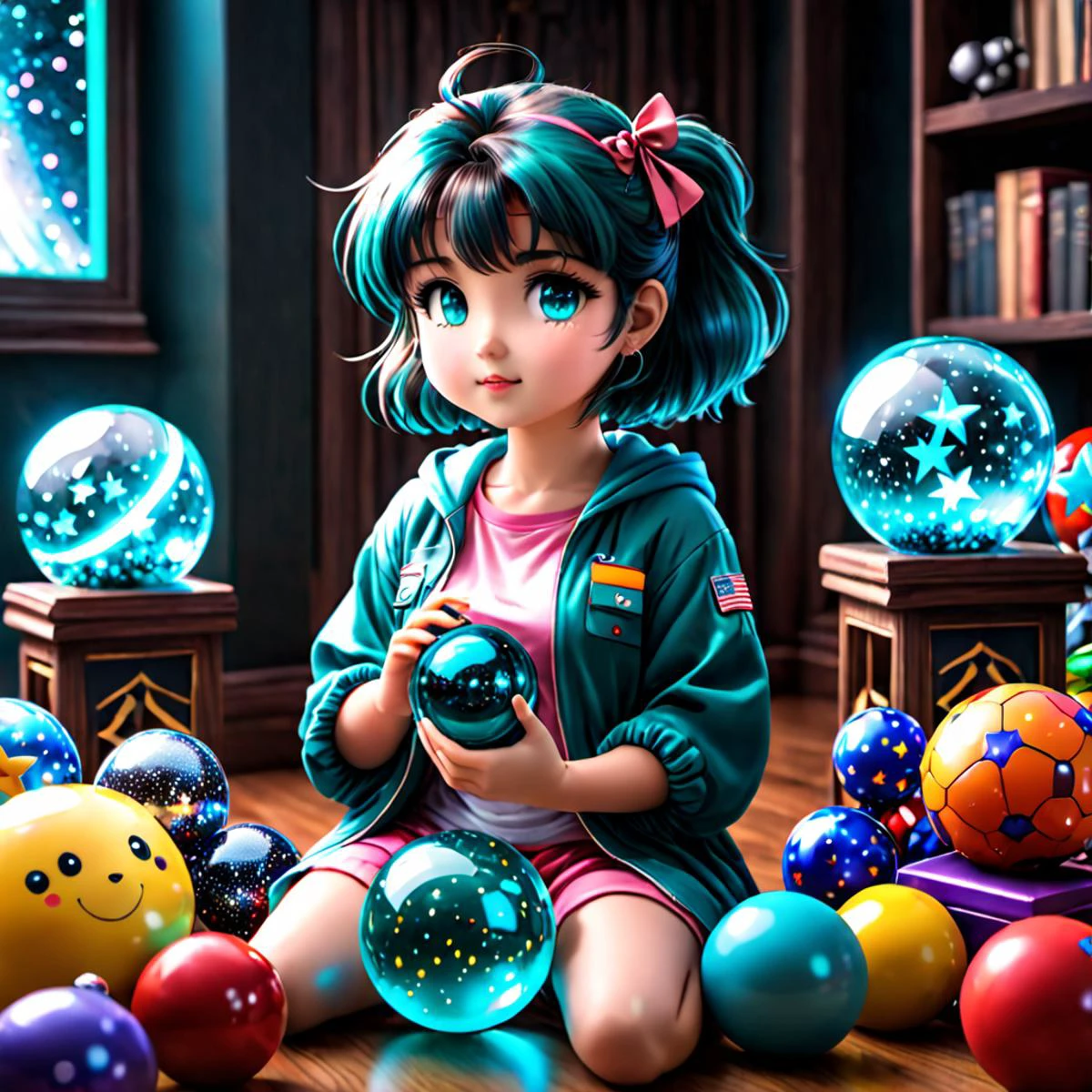 art, glass orb, stars, cute, girl, Teal, Trompe, Surrounded by her favorite toys <lora:hands:1> <lora:perfection style:1> <lora:MJMangaSDXL:1>, DSLR, 8k uhd, hdr, ultra-detailed, high quality, high contrast, score_9,score_8_up,score_7_up,score_6_up,score_5_up,score_4_up