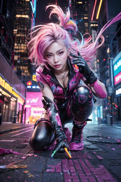 neonpunk style [(Hassleblad H6D-400c)], [(medium format image)],[(dreamy)],[(400 mega pixels)], (photorealistic:1.4), (RAW photo:1.2), (8k), (masterpiece:1.3), ((realistic)), (hyper-realistic), ultra-detailed, illustration, very_high_realistic:1.5 ,very_high_resolution:1.5, HDR, CG, unity, 8k wallpaper, Amazing ,finely detail, official art, extremely detailed CG unity 8k wallpaper, (best quality), incredibly absurdres, ultra-detailed, light on face, cinema lights, cinematic lighting, professional lighting, photon mapping, radiosity, physically-based rendering, solo focus, sharp focus, highres, extremely detailed ,extremely delicate and beautiful, intricate detail,
BREAK
official art, Action painting, Color theory [,fierce:15] [,maximalism:10] [,dissolving in to paint splashes :10] [,hands behind back] (,black gloves) [,facial muscles] [,glitch:10 ] [,white:7] [,marker art:10] [,1 girl] [,full body] [,rainbow color hair,floating hair] [,random pose] [,vivid colors:10] [,Colorsplash:7] [,Tight fitting clothing:10], . cyberpunk, vaporwave, neon, vibes, vibrant, stunningly beautiful, crisp, detailed, sleek, ultramodern, magenta highlights, dark purple shadows, high contrast, cinematic, ultra detailed, intricate, professional