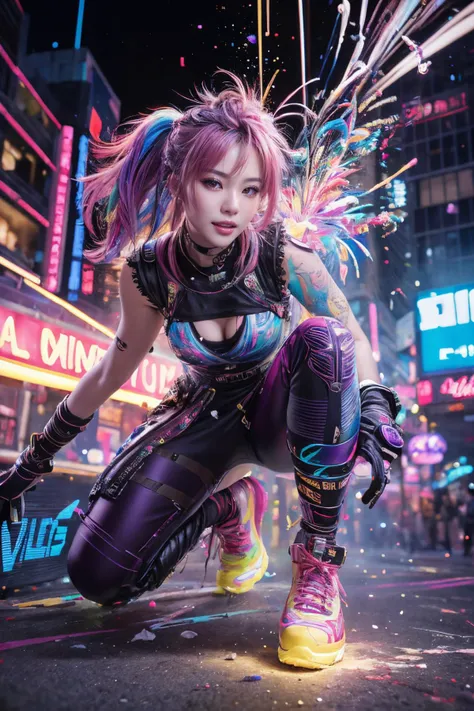 neonpunk style [(Hassleblad H6D-400c)], [(medium format image)],[(dreamy)],[(400 mega pixels)], (photorealistic:1.4), (RAW photo:1.2), (8k), (masterpiece:1.3), ((realistic)), (hyper-realistic), ultra-detailed, illustration, very_high_realistic:1.5 ,very_high_resolution:1.5, HDR, CG, unity, 8k wallpaper, Amazing ,finely detail, official art, extremely detailed CG unity 8k wallpaper, (best quality), incredibly absurdres, ultra-detailed, light on face, cinema lights, cinematic lighting, professional lighting, photon mapping, radiosity, physically-based rendering, solo focus, sharp focus, highres, extremely detailed ,extremely delicate and beautiful, intricate detail,
BREAK
official art, Action painting, Color theory [,fierce:15] [,maximalism:10] [,dissolving in to paint splashes :10] [,hands behind back] (,black gloves) [,facial muscles] [,glitch:10 ] [,white:7] [,marker art:10] [,1 girl] [,full body] [,rainbow color hair,floating hair] [,random pose] [,vivid colors:10] [,Colorsplash:7] [,Tight fitting clothing:10], . cyberpunk, vaporwave, neon, vibes, vibrant, stunningly beautiful, crisp, detailed, sleek, ultramodern, magenta highlights, dark purple shadows, high contrast, cinematic, ultra detailed, intricate, professional