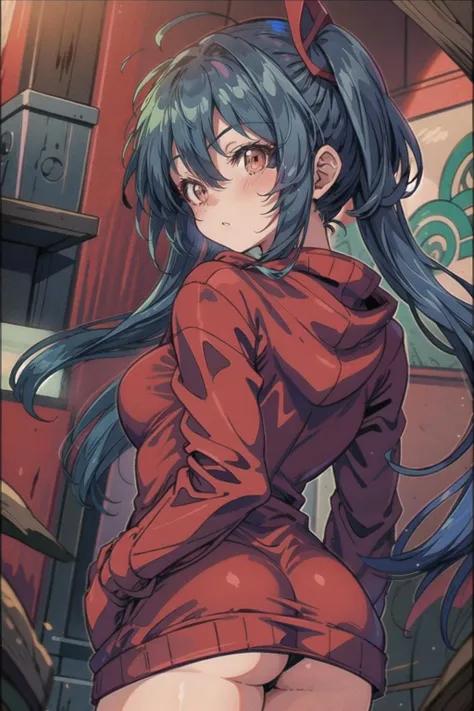 <lora:Retro_Anime_Style:0.5>, anime girl, blue hair, red hoodie