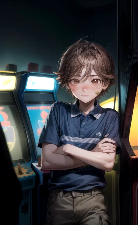 (masterpiece, perfect anatomy, best quality:1.3), (upper body from front eye contact:1.3), detailed adorable face, <lora:FNaFGregory:0.6> FNaFGregory, AS-YoungerV2 male focus,  inside detailed arcade, standing still holding larger pile of arcade tickets, (excited blush smile lip-gloss, Band-Aid on face cheek), (chin-length brown hair, beautiful brown eyes), (blue polo with two horizontal stripes, tan cargo shorts), chiaroscuro, volumetric lighting, volumetric shading, high resolution, extreme detail,  <lora:more_details:1> <lora:Arcade:0.6>