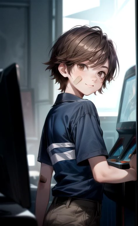 (masterpiece, perfect anatomy, best quality:1.3), (upper body from side look back eye contact:1.3), detailed adorable face, <lora:FNaFGregory:0.6> FNaFGregory, AS-YoungerV2 male focus, inside detailed arcade standing still playing games, (smile lip-gloss, Band-Aid on face cheek), (chin-length brown hair, beautiful brown eyes), (blue polo with two stripes cargo shorts), chiaroscuro, volumetric lighting, volumetric shading, high resolution, extreme detail, <lora:more_details:1> <lora:Arcade:0.6>