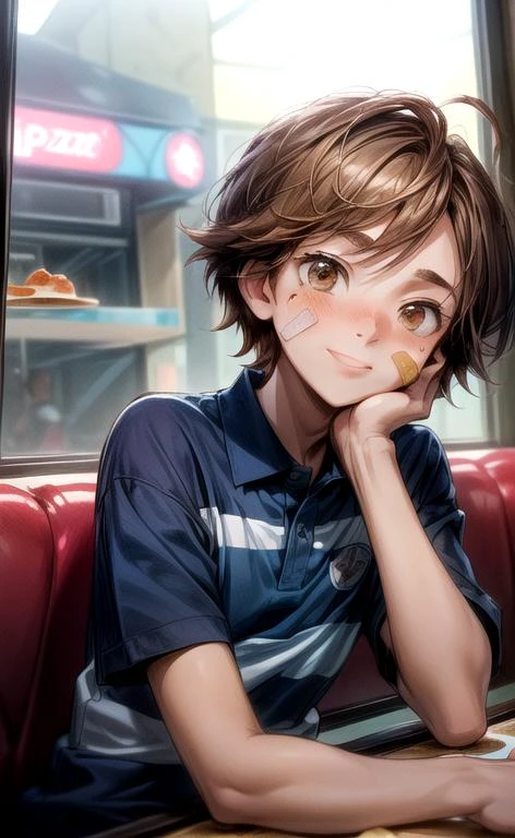 (masterpiece, perfect anatomy, best quality:1.3), (upper body from front:1.3), detailed adorable face, <lora:FNaFGregory:0.6> FNaFGregory, AS-YoungerV2 male focus, inside detailed arcade pizzeria, sitting down on booth at table pineapple pizza, looking up holding slice of pizza above head slurping melted cheese from pizza, (excited blush smile lip-gloss, detailed Band-Aid on face cheek), (chin-length brown hair, beautiful brown eyes), (blue polo with two horizontal stripes, tan cargo shorts), chiaroscuro, volumetric lighting, volumetric shading, high resolution, extreme detail, <lora:more_details:1>