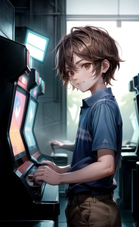 (masterpiece, perfect anatomy, best quality:1.3), (upper body from side look back eye contact:1.3), detailed adorable face, <lora:FNaFGregory:0.6> FNaFGregory, AS-YoungerV2 male focus, inside detailed arcade standing still playing games, (smile lip-gloss, Band-Aid on face cheek), (chin-length brown hair, beautiful brown eyes), (blue polo with two horizontal stripes, tan cargo shorts), chiaroscuro, volumetric lighting, volumetric shading, high resolution, extreme detail, <lora:more_details:1> <lora:Arcade:0.6>