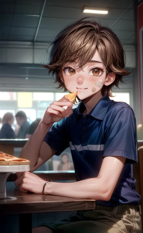 (masterpiece, perfect anatomy, best quality:1.3), (upper body from front:1.3), detailed adorable face, <lora:FNaFGregory:0.6> FNaFGregory, AS-YoungerV2 male focus, inside detailed arcade pizzeria, sitting down at booth table eating pineapple pizza, holding slice of pizza above head slurping melted cheese, (excited blush smile lip-gloss, Band-Aid on face cheek), (chin-length brown hair, beautiful brown eyes), (blue polo with two horizontal stripes, tan cargo shorts), chiaroscuro, volumetric lighting, volumetric shading, high resolution, extreme detail, <lora:more_details:1>