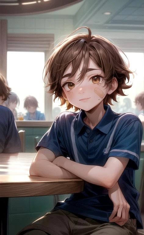 (masterpiece, perfect anatomy, best quality:1.3), (upper body from front:1.3), detailed adorable face, <lora:FNaFGregory:0.6> FNaFGregory, AS-YoungerV2 male focus, inside detailed arcade pizzeria, sitting down on booth at table eating pineapple pizza, looking up holding slice of pizza above head slurping melted cheese, (excited blush smile lip-gloss, detailed Band-Aid on face cheek), (chin-length brown hair, beautiful brown eyes), (blue polo with two horizontal stripes, tan cargo shorts), chiaroscuro, volumetric lighting, volumetric shading, high resolution, extreme detail, <lora:more_details:1>