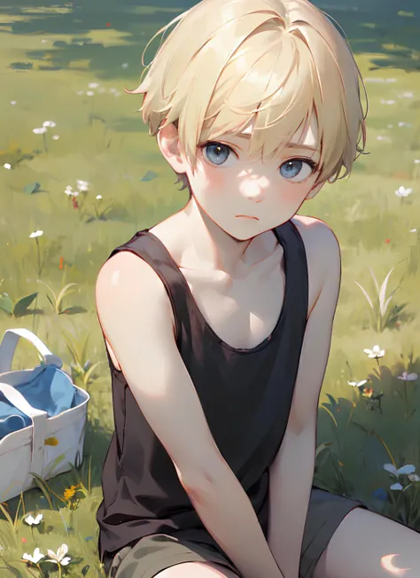 ((masterpiece)), (best quality), (1boy:1.2), (8--old:), in a grassland, sitting, picnic, short hair, blond hair, upper body, wearing a tank top, from above, expressionless,