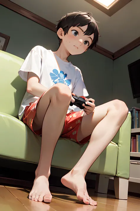 ((masterpiece)), (best-quality), (1boy:1.2), (8--old:), wearing T-shirts and patterned Boxer shorts, in the room, close-up, looking away, barefoot, sitting on a sofa, ((from the front below)), (holding a game controller),