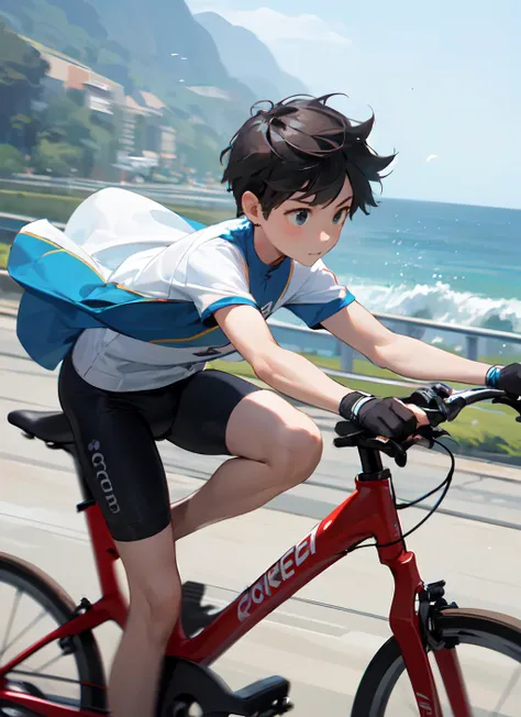 ((masterpiece)), (best-quality), (1boy:1.2), (8-year-old:1.2), wearing  gym suit, and bike shorts, riding a bicycle, cycling at high speed, road, sea, close up, wind blowing, motion blur, speed lines, (from a front),