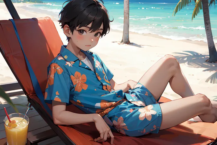 ((masterpiece)), (best quality), (1boy:1.2), (8-year-old:1.2), (brown skin:0.8), wearing an aloha shirt, boxer shorts, resort, sunbathing, tropical juice,