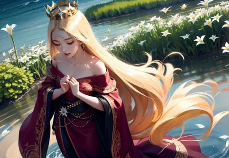 1girl, crown, pearl, dress, lily, lift, flowing long hair, vivid, love, flower, vegetation, wild, wind,<lora:wlopStyleLora_v1:0.75>