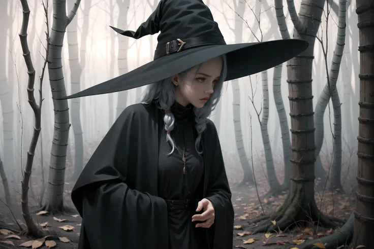 witch, dark, forest, wool coat, masterpiece, best quality, crisp, scars, horror, <lora:wlopStyleLora_v1:1>, wlop, extremely detailed