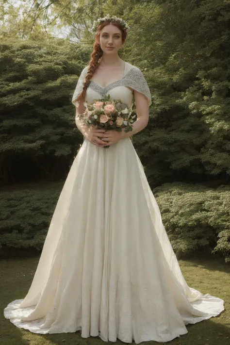 (celtic_knotwork clothes:1.2), (celtic_knotwork:1.4), embroidered, (snaidhm:1.3), (20 year old woman wearing a long white wedding gown:1.2), ginger, updo, braids, posing for a portrait in a rose garden, sunbeams, vascular light, finch, dove, mist, fog, soft focus, butterfly, flower head wreath, veil, demure smile, <lora:Detail Slider by Stable Yogi:1.0>, <lora:Celtic_Knotwork v1e10:1.4>, <lora:Irish Lifelike:1> irish, (Irish_Aoife:0.3), (Irish_Serenity:0.7)